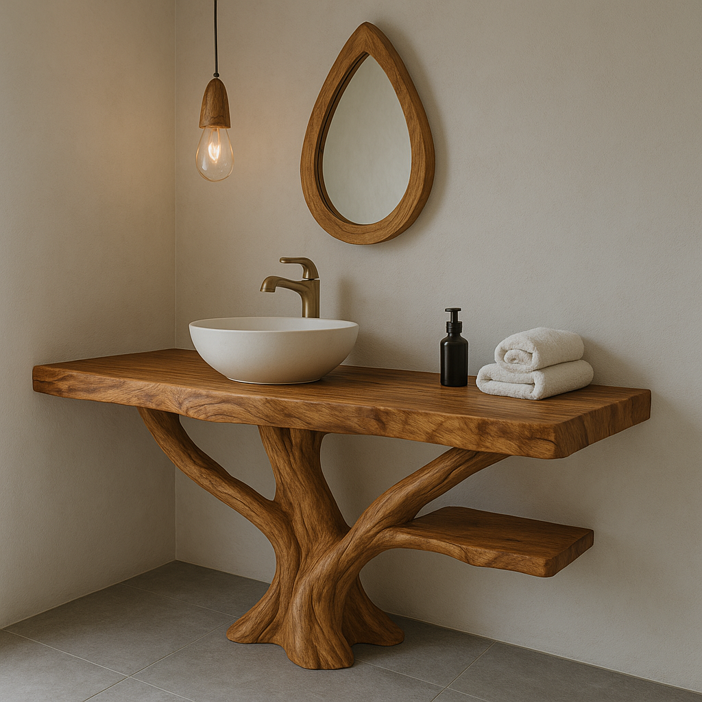 Handcrafted Solid Wood Bathroom Vanity – Sculptural Live Edge Design with Natural Finish Kitchnce
