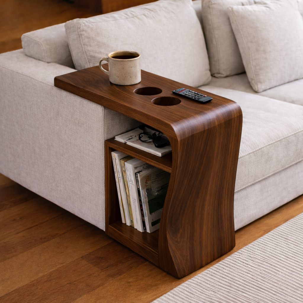 Solid Wood Sofa Armrest Table with Cup Holders and Storage – Couch Arm Tray Kitchnce