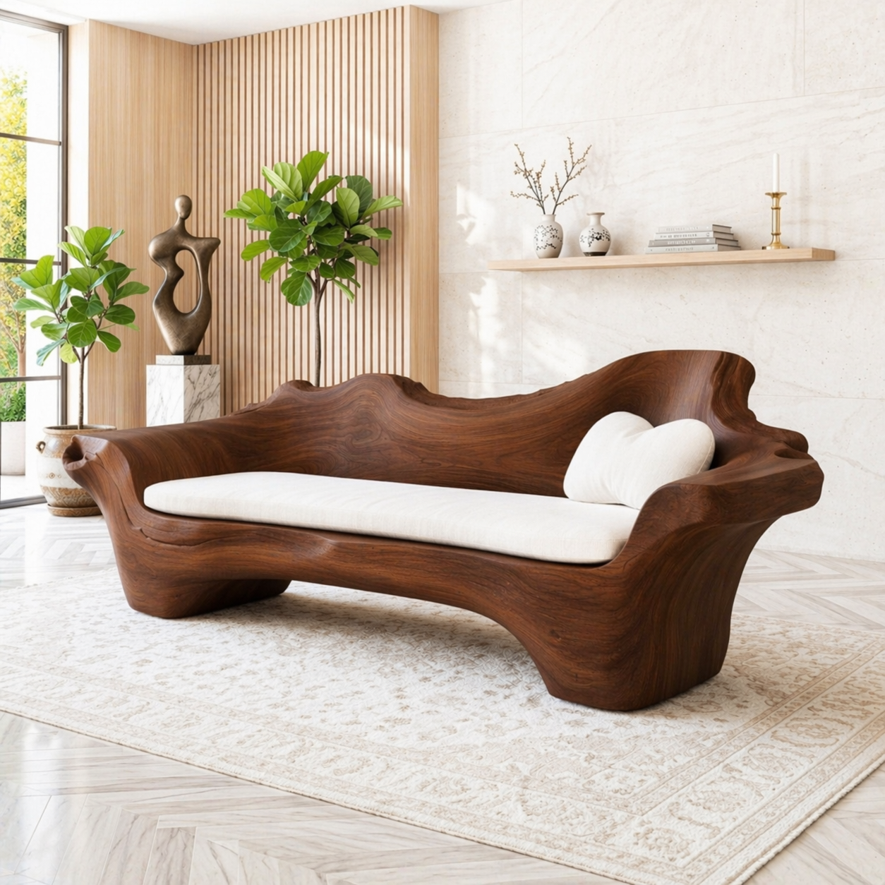 Modern Organic Sculptural Wooden Sofa, Handmade Statement Couch with Cream Cushion