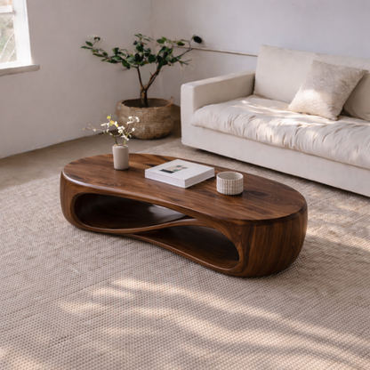 Solid Wood Sculptural Coffee Table with Curved Storage Shelf – Modern Living Room Table Kitchnce
