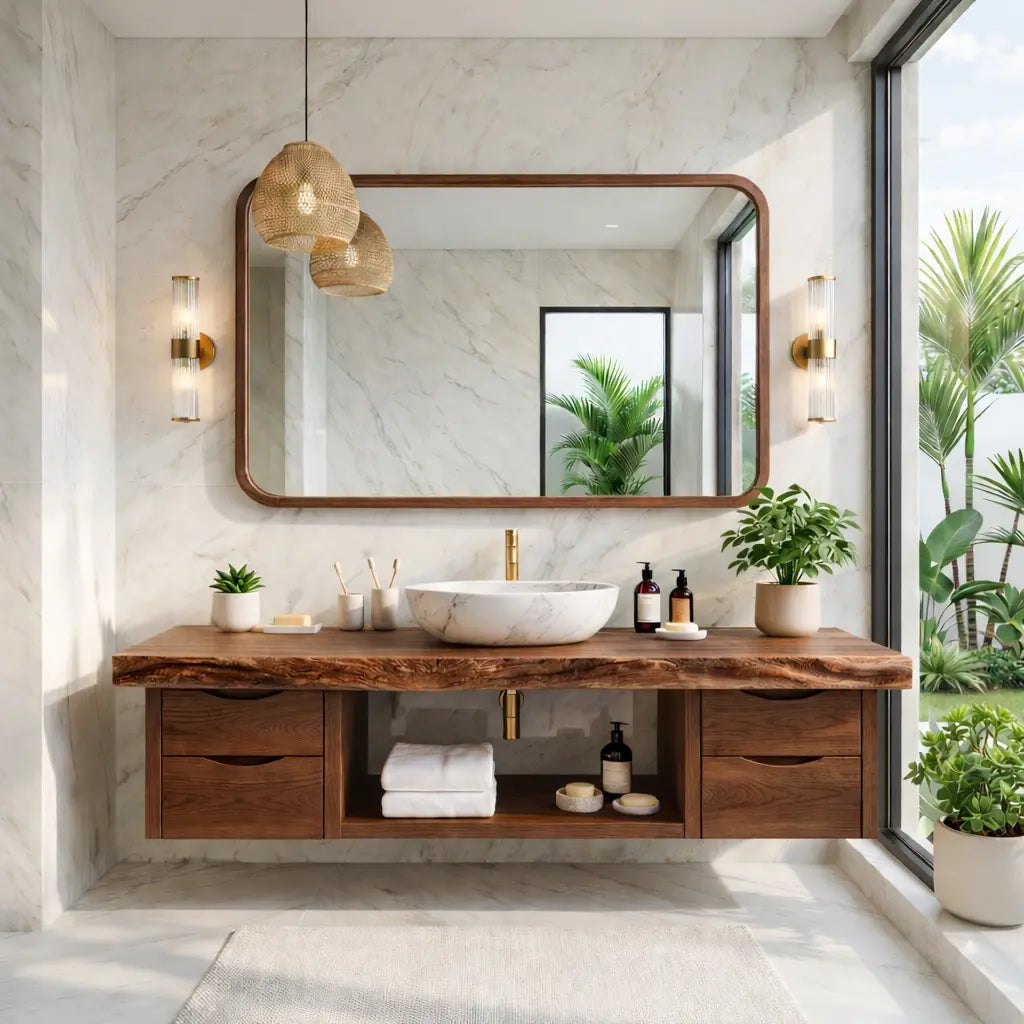 Floating Bathroom Vanity with Natural Wood, Modern Design, and Spacious Storage Kitchnce