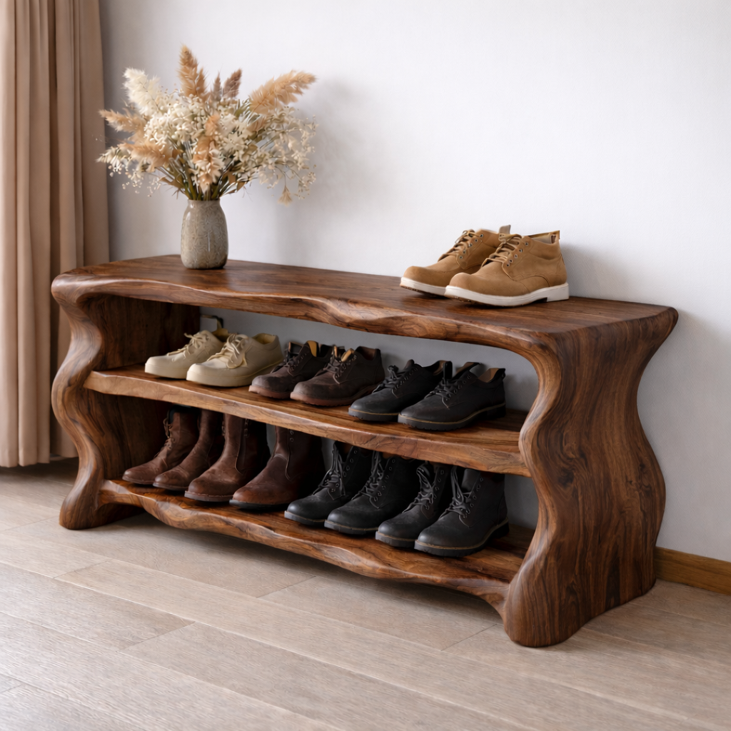 Solid Wood Entryway Bench with Shoe Storage – Rustic Live Edge Shoe Rack Bench Kitchnce