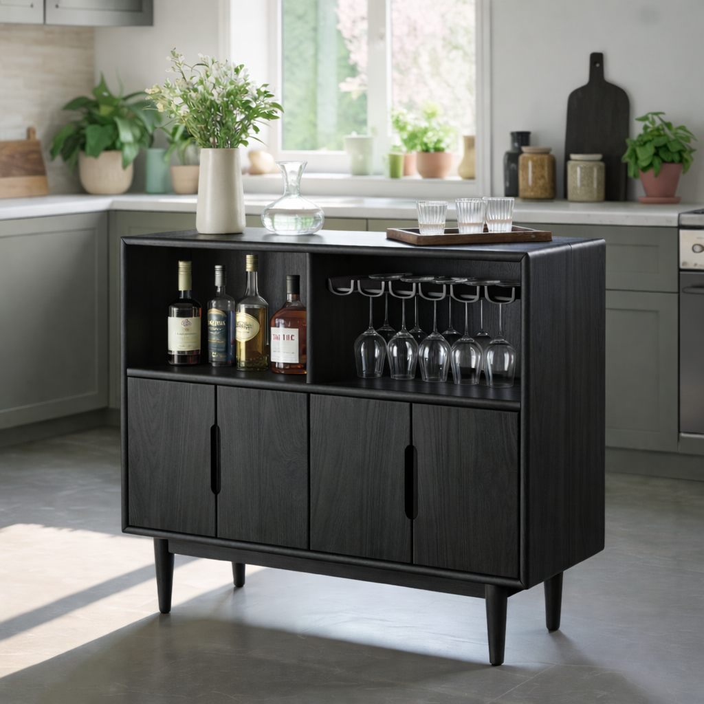 Handcrafted Solid Wood Dining Cabinet with Wine Storage and Hanging Glass Rack