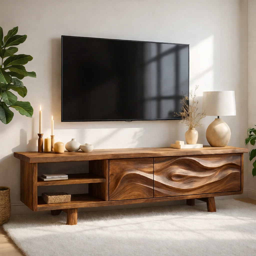 Live Edge Solid Wood TV Stand Walnut Media Console Hand Carved Modern Entertainment Unit Kitchnce