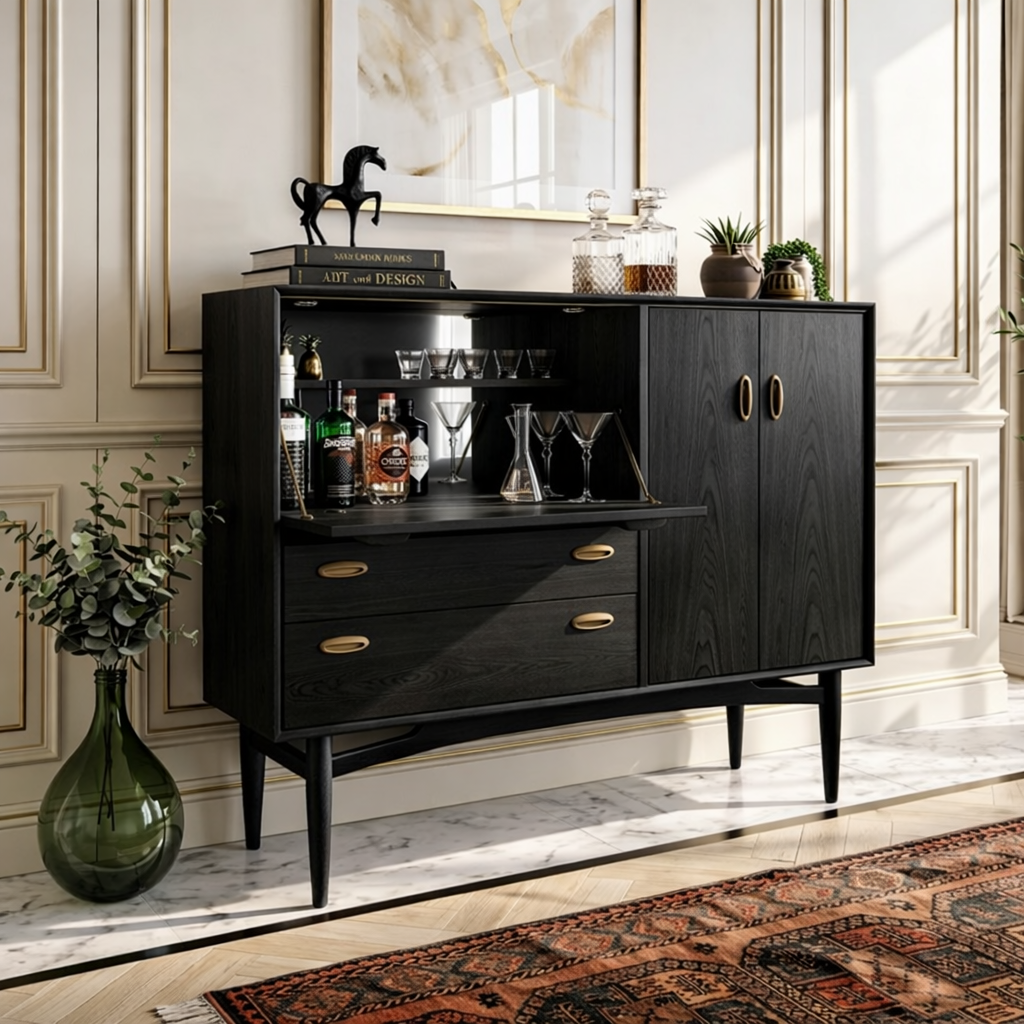 Contemporary Wooden Bar Cabinet, Stylish Mid Century Entertaining Console for Storage