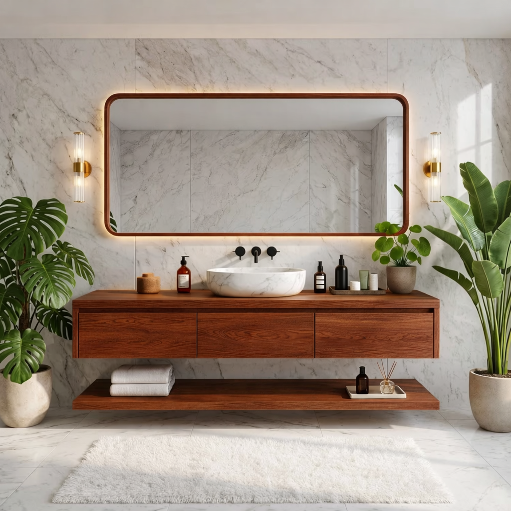Modern Floating Vanity with Shelves, Oak Bathroom Storage Unit, Wall-Mounted Cabinet Kitchnce