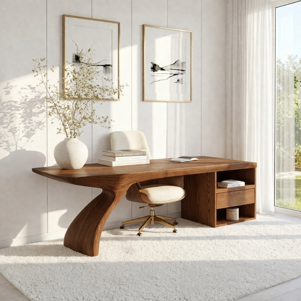 Modern Executive Writing Desk with Storage Shelf Home Office Work Table Unique Design