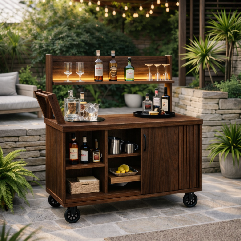 Solid Wood Outdoor Bar Cabinet Cart with Wheels & Storage Shelf – Patio Drink Station