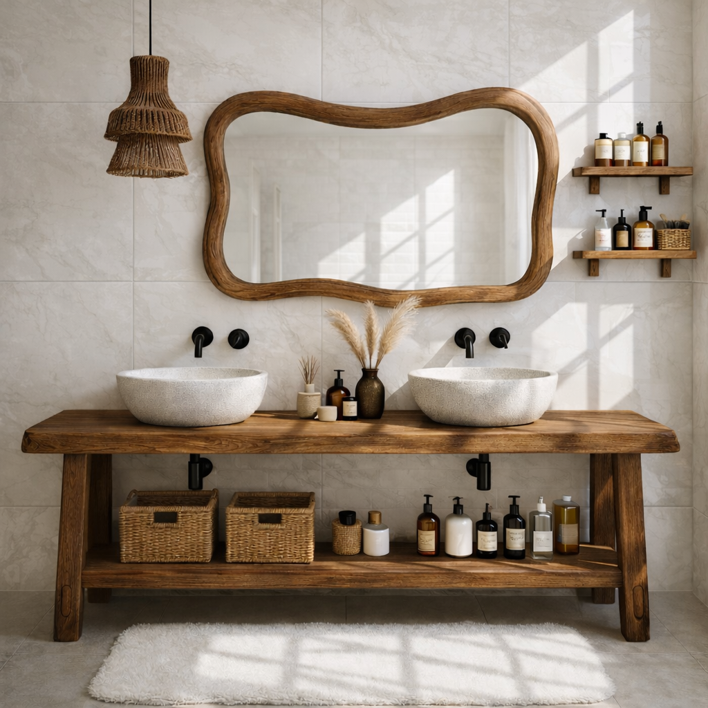 Rustic Double Bathroom Vanity Cabinet With Open Shelf Wood Vanity Base Console Kitchnce