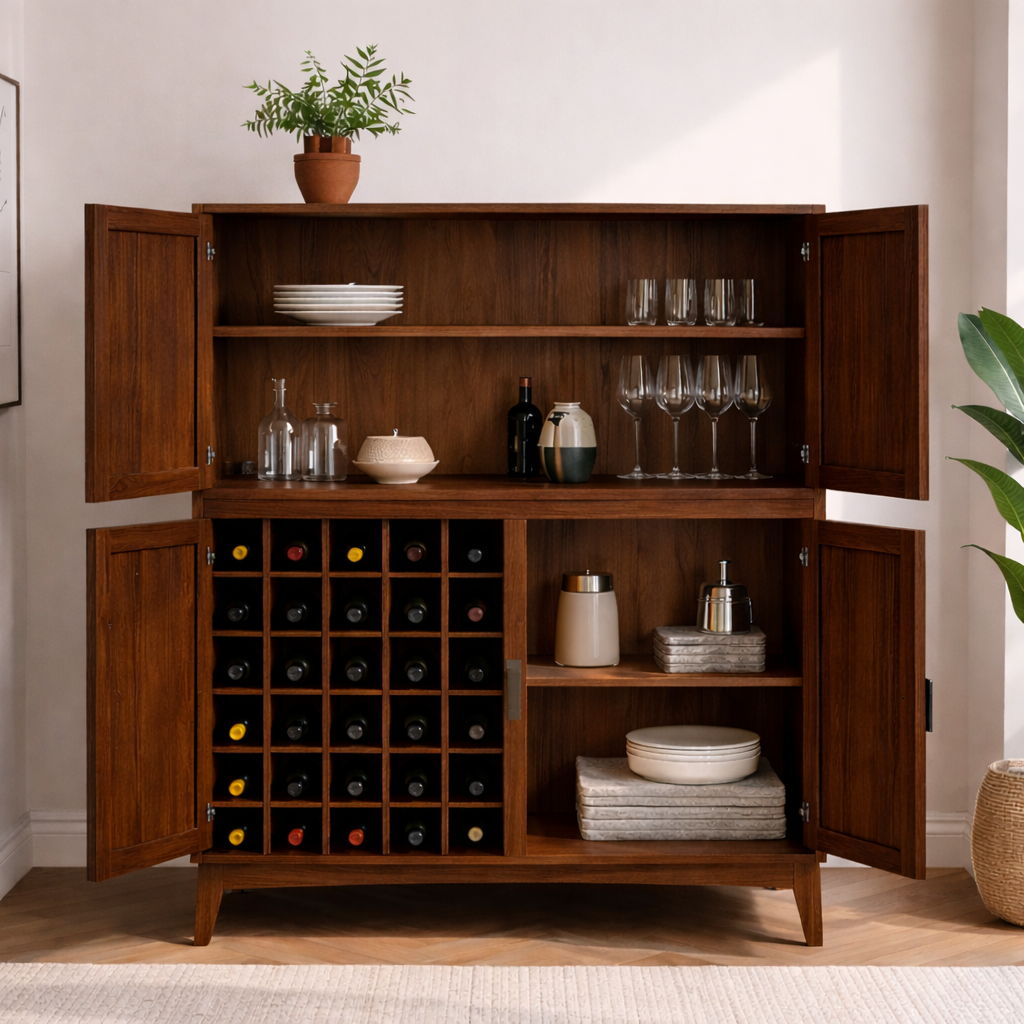 Handcrafted Solid Wood Wine Cabinet with Bottle Rack and Storage Shelves
