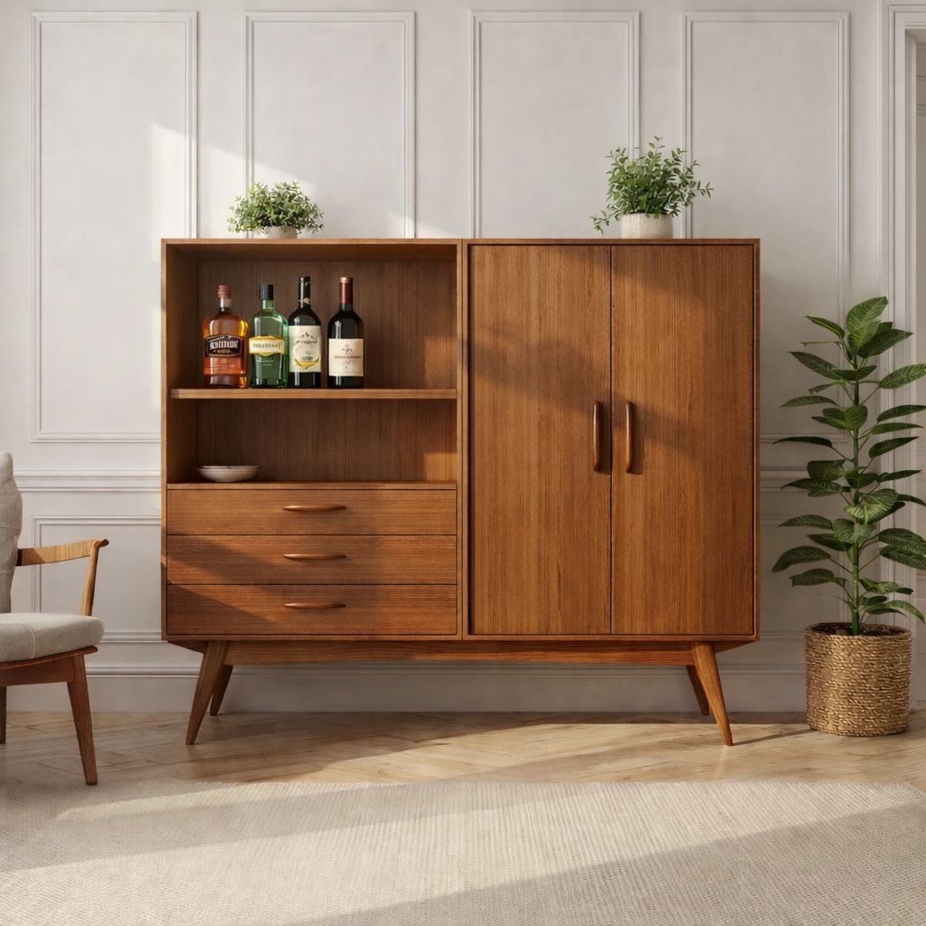 Handcrafted Solid Wood Wine Cabinet Mid Century Bar Storage with Doors and Drawers