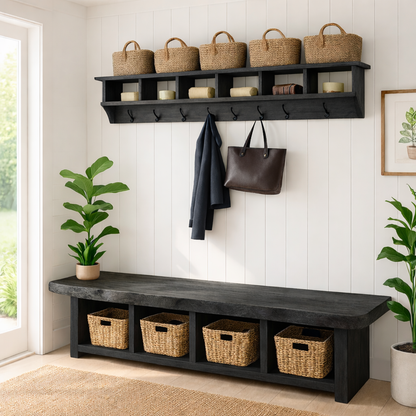Solid Wood Entryway Bench with Storage Cubbies, Rustic Hallway Organizer Seat