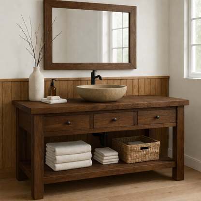 Rustic Solid Wood Bathroom Vanity with Vessel Sink – Modern Design with Storage Kitchnce