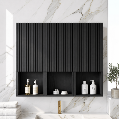 Floating Bathroom Cabinet, Modern Slatted Wall Mounted Vanity Storage Organizer Unit
