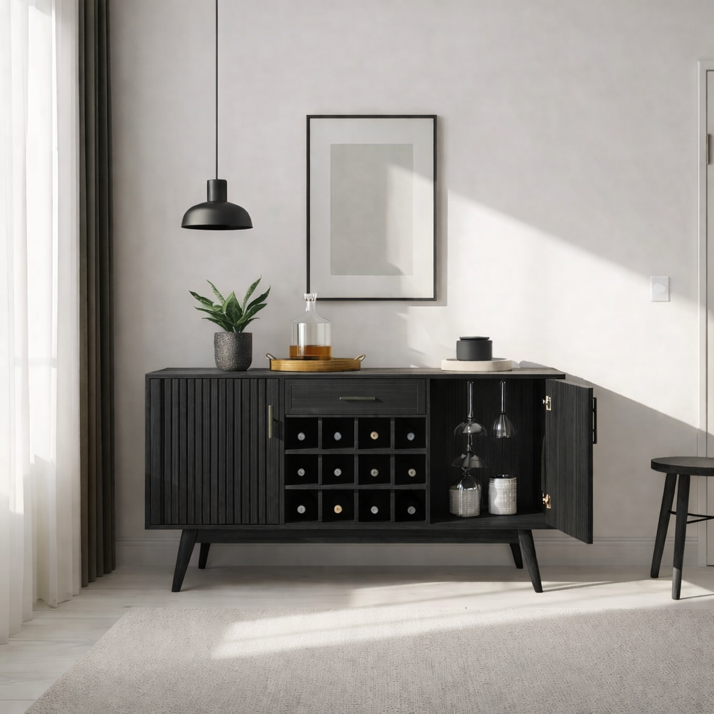 Mid Century Solid Wood Wine Cabinet with Rack and Bar Storage Unit