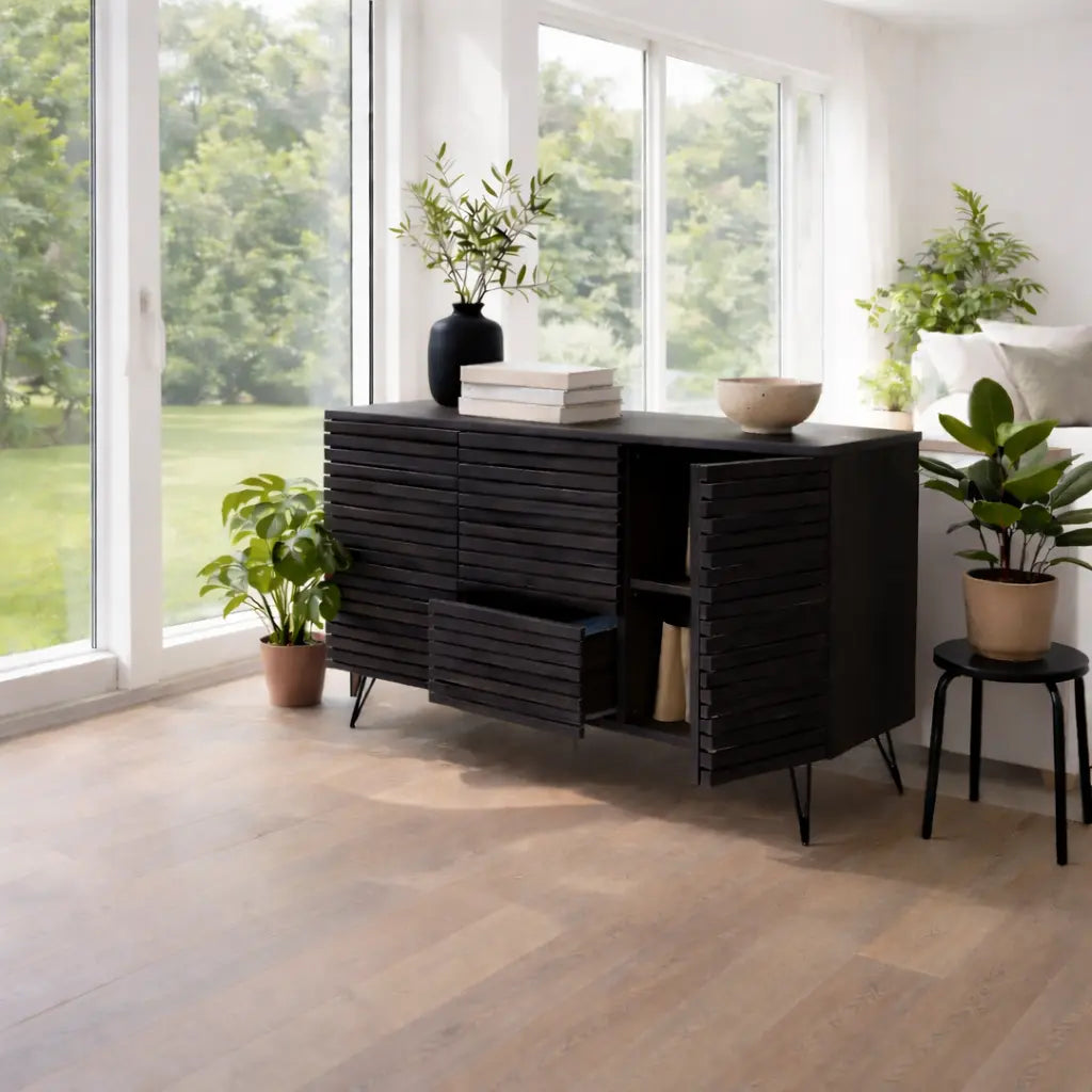 Modern Solid Wood Slatted Console Table with Storage Cabinet & Drawers Kitchnce