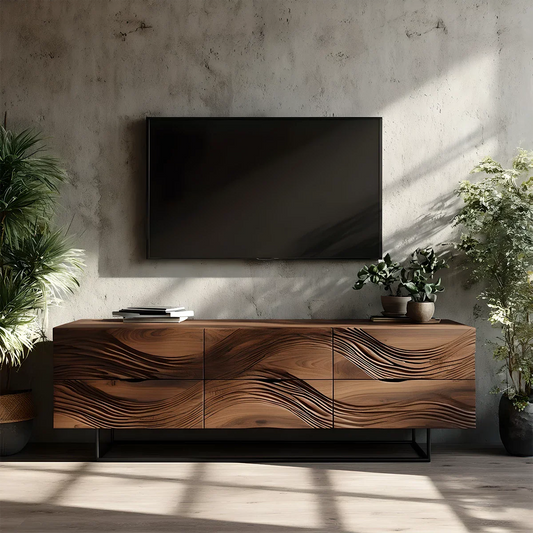 Solid Wood TV Stand Modern Walnut Media Console with Wave Design Storage