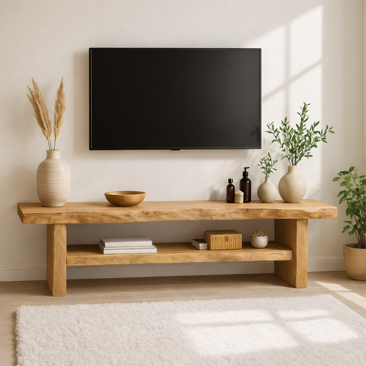 Rustic Solid Wood TV Stand Long Live Edge Media Console Natural Entertainment Unit Kitchnce
