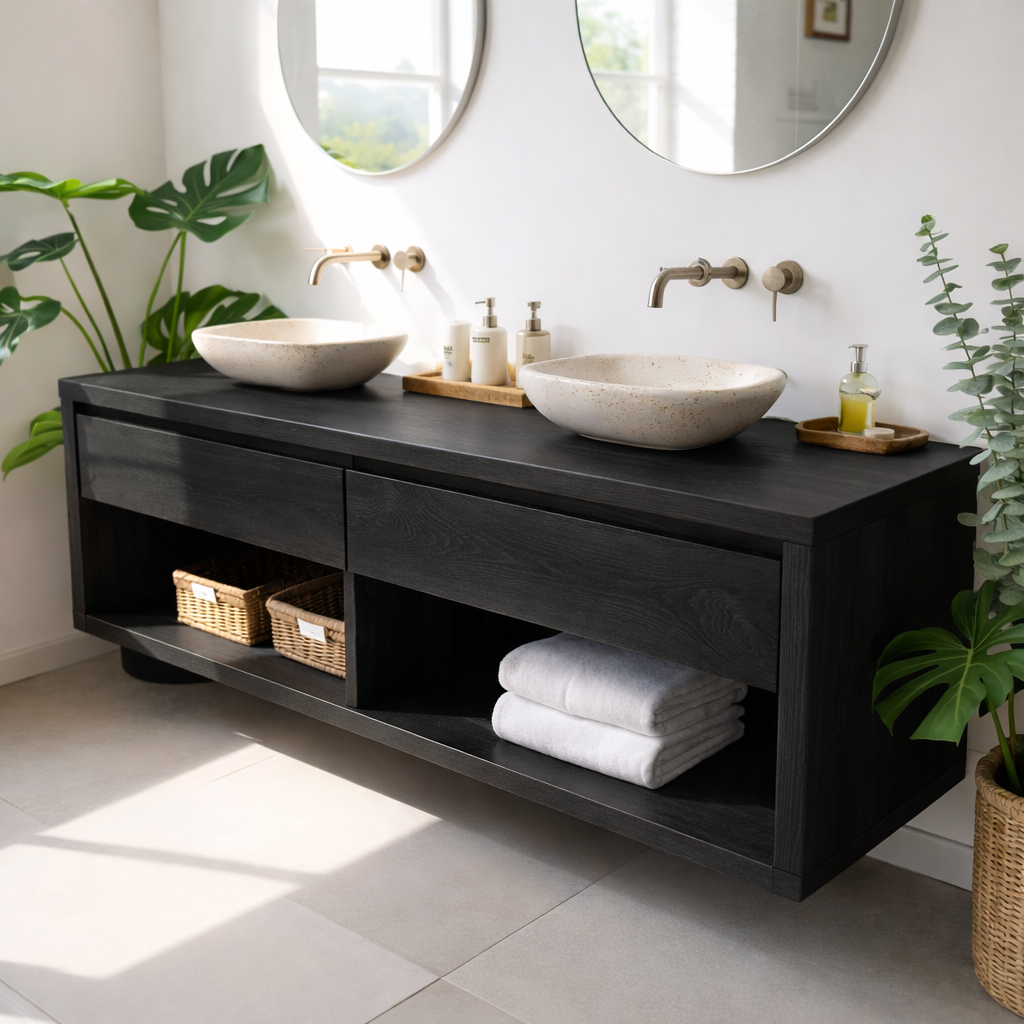 Modern Double Sink Floating Vanity with Wooden Design and Open Shelves Kitchnce