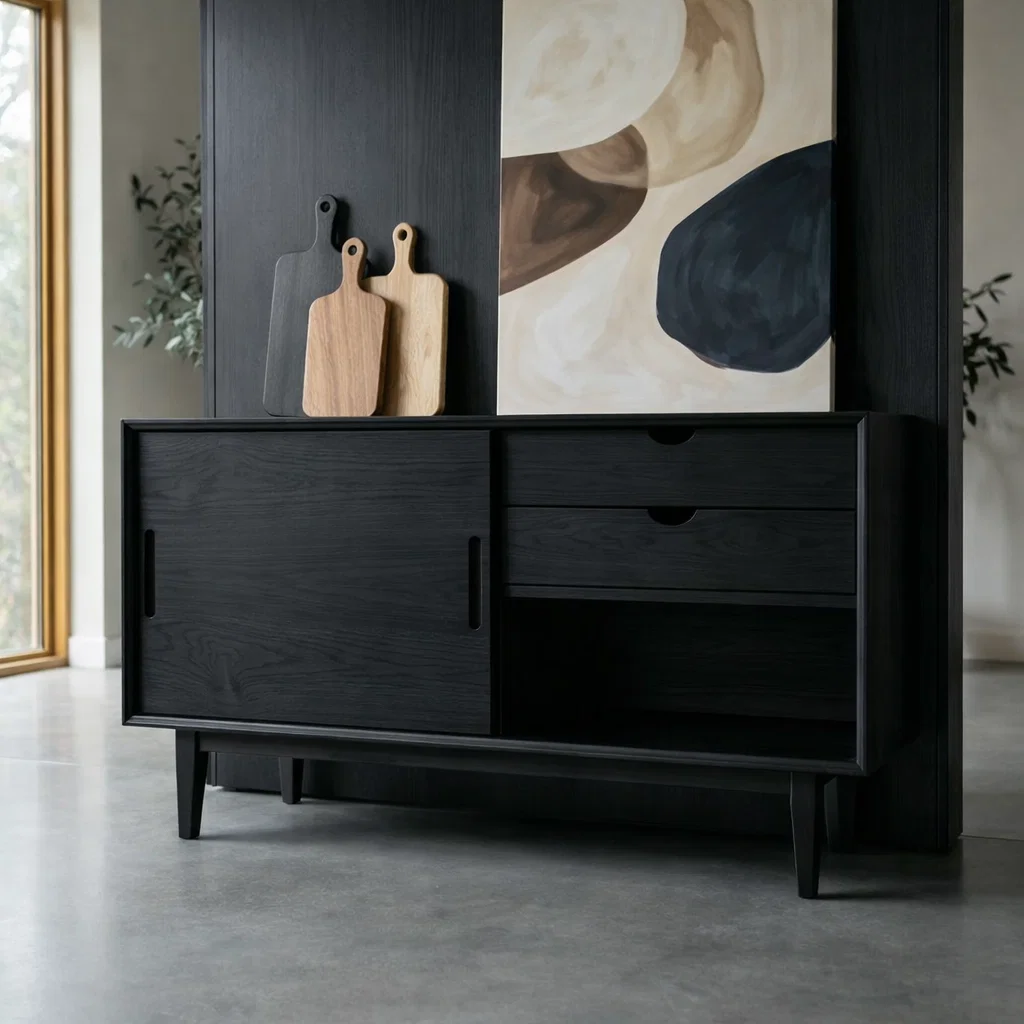 Mid Century Solid Wood Console Cabinet with Sliding Door and Drawers