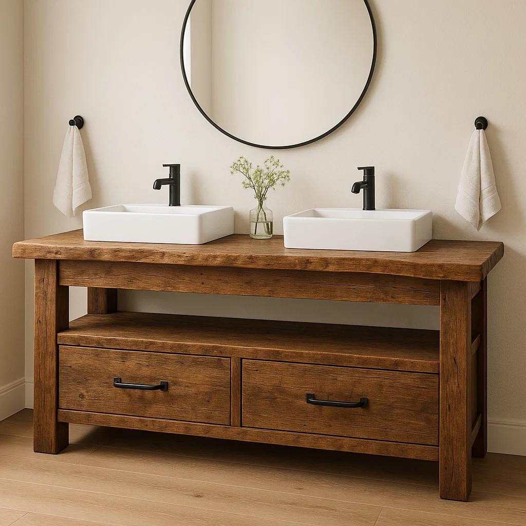 Rustic Handcrafted Solid Wood Double Vanity – Live Edge Base with Drawers and Open Shelf Kitchnce