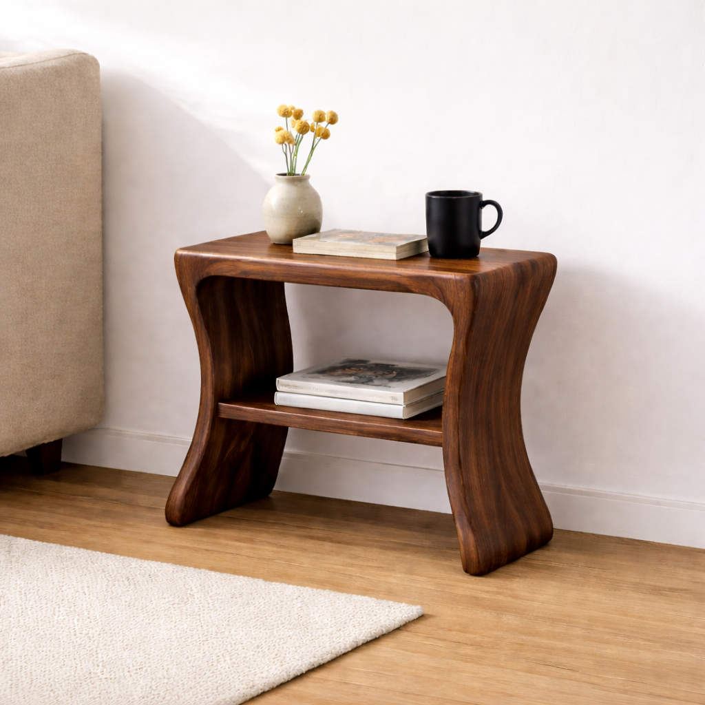 Solid Wood End Table with Shelf – Modern Walnut Side Table for Living Room Kitchnce