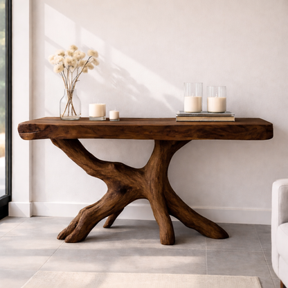 Rustic Solid Wood Console Table, Natural Tree Root Base Entryway Hallway Statement Furniture Kitchnce
