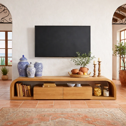 Curved Solid Wood Media Console with Storage – Modern Low TV Stand
