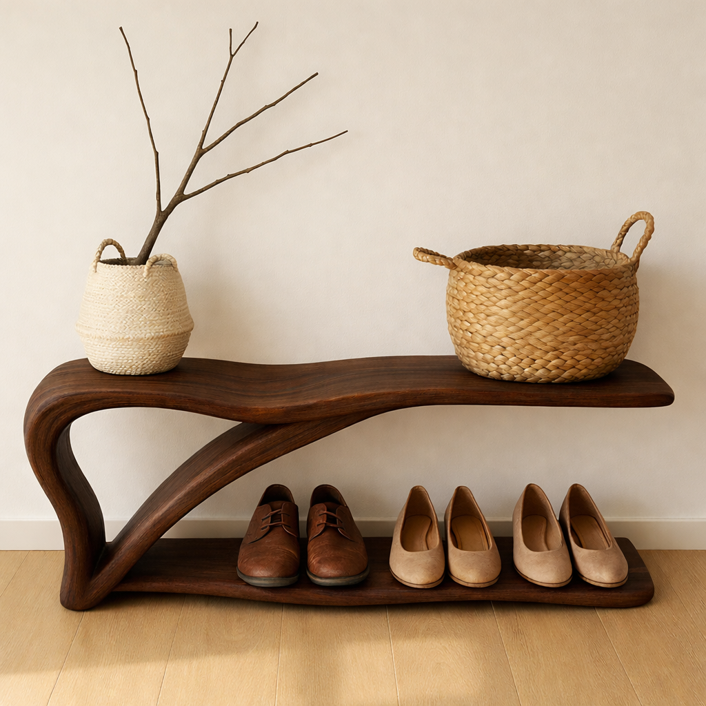 Sculptural Wooden Shoe Storage Bench – Solid Wood Entryway Bench with Shelf Kitchnce