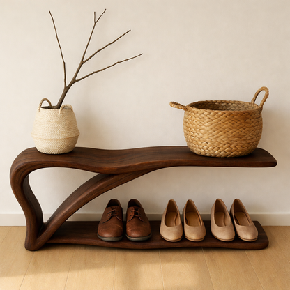 Sculptural Wooden Shoe Storage Bench – Solid Wood Entryway Bench with Shelf Kitchnce