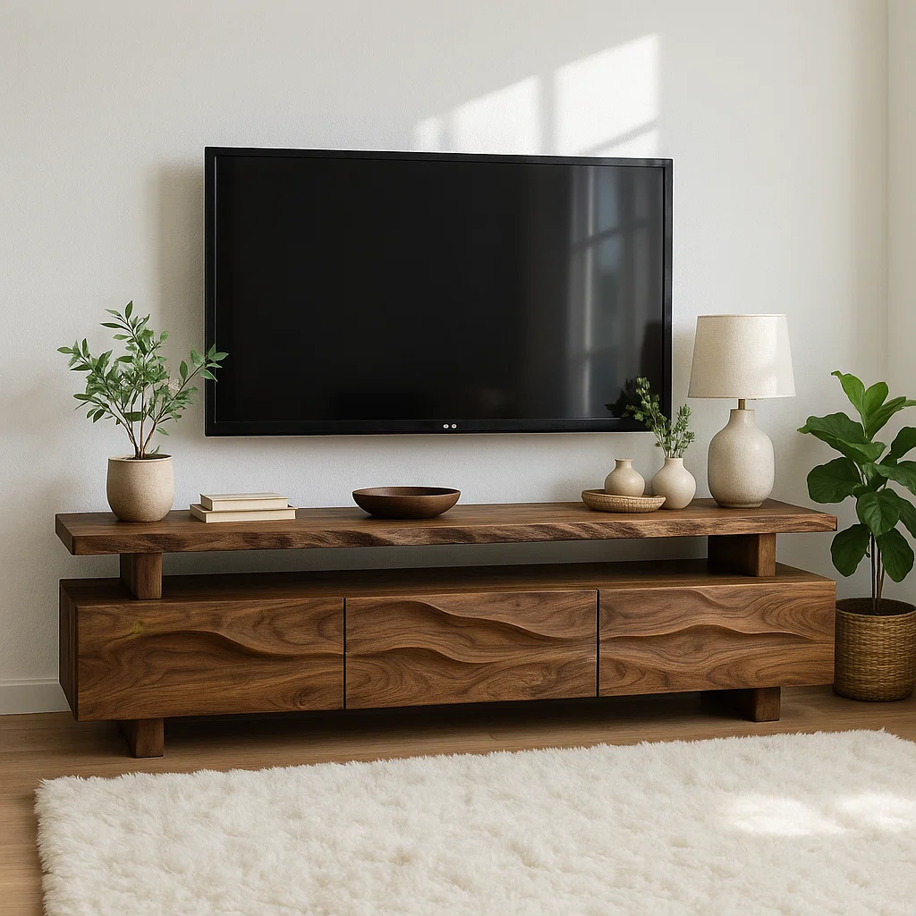 Modern Wave Front Wood TV Stand Long Media Console Low Profile Entertainment Center Kitchnce
