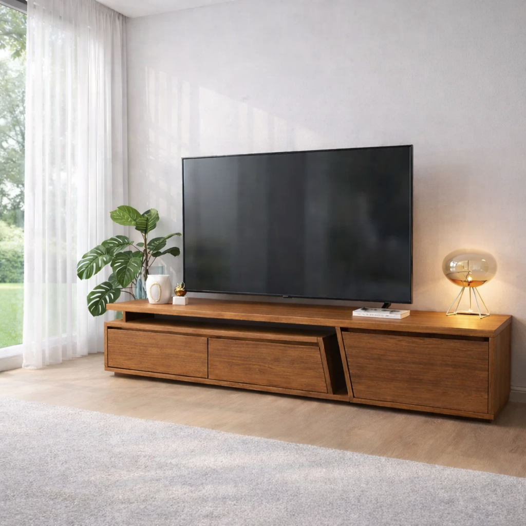 Modern Solid Wood TV Console with Drawers & Storage – Low Media Stand