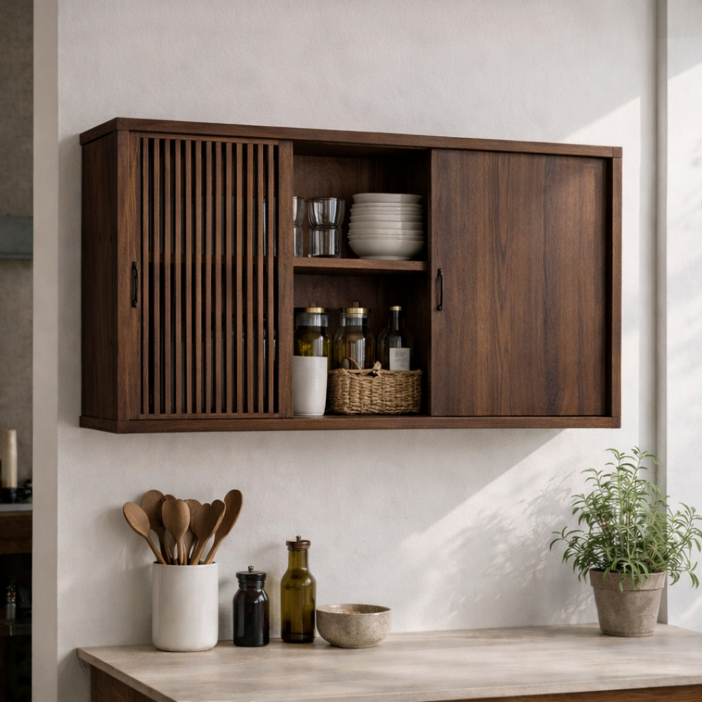 Wooden Kitchen Cabinet with Sliding Doors | Modern Wall-Mounted Storage