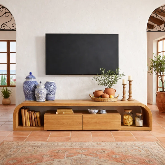 Curved Solid Wood Media Console with Storage – Modern Low TV Stand