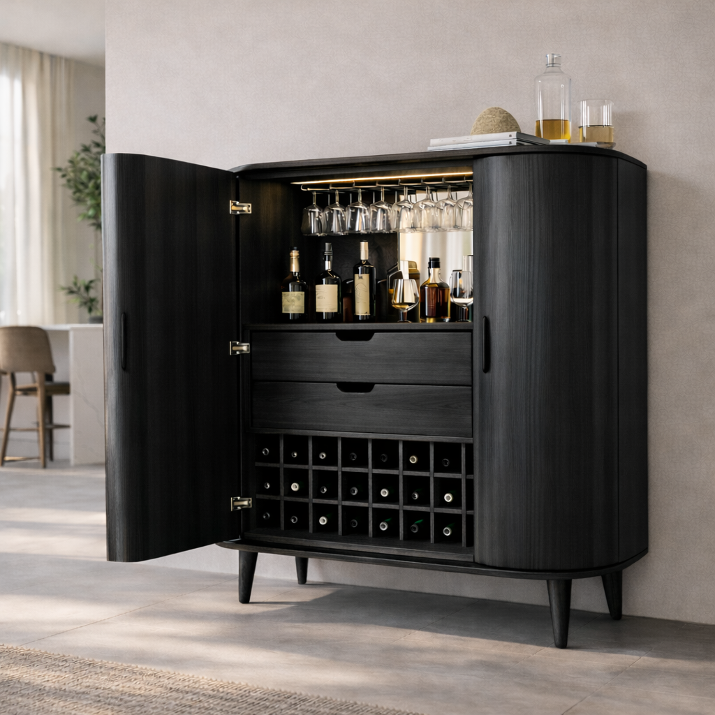 Solid Wood Bar Cabinet with Wine Rack, Glass Holder & Drawers – Modern Home Liquor Storage