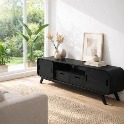 Solid Wood Modern Console Table with Sliding Doors and Open Storage Kitchnce