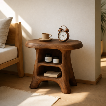 Modern Wood Nightstand with Curved Base and Shelves for Bedroom Storage Kitchnce