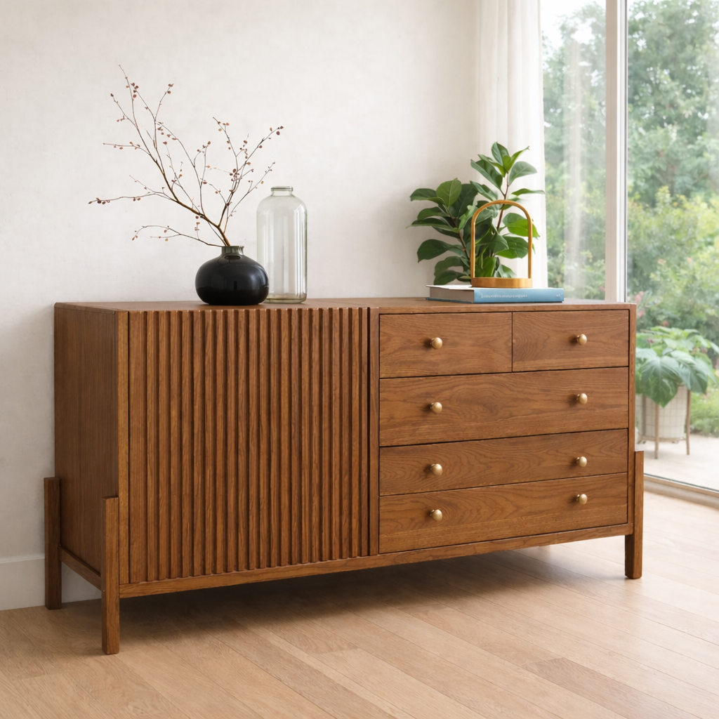 Fluted Panel Sideboard Cabinet with 4 Drawers – Contemporary Storage Console