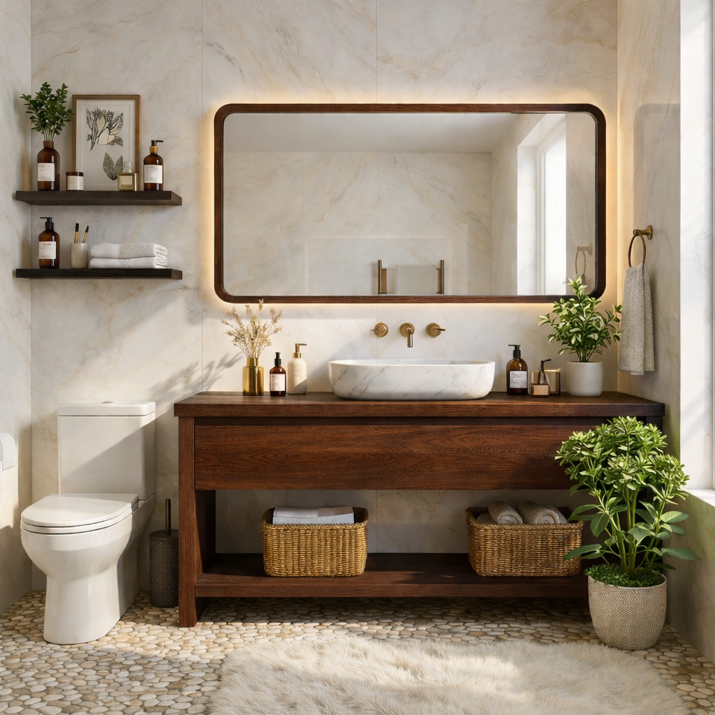 Elegant Oak Bathroom Vanity with Marble Sink & Open Shelves, Modern Design Kitchnce