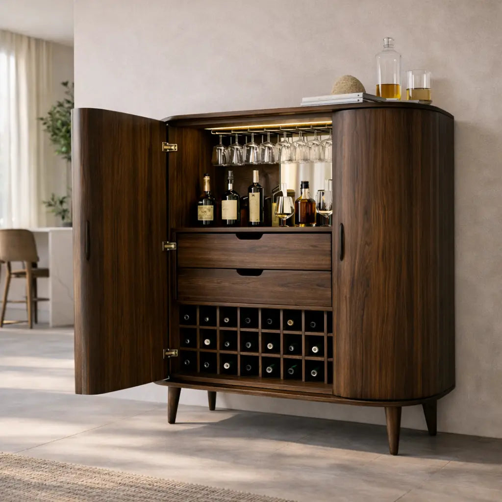 Solid Wood Bar Cabinet with Wine Rack, Glass Holder & Drawers – Modern Home Liquor Storage Kitchnce