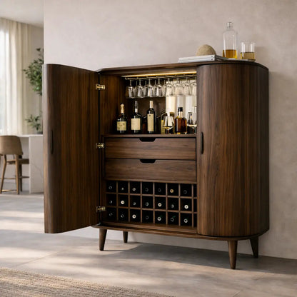 Solid Wood Bar Cabinet with Wine Rack, Glass Holder & Drawers – Modern Home Liquor Storage Kitchnce