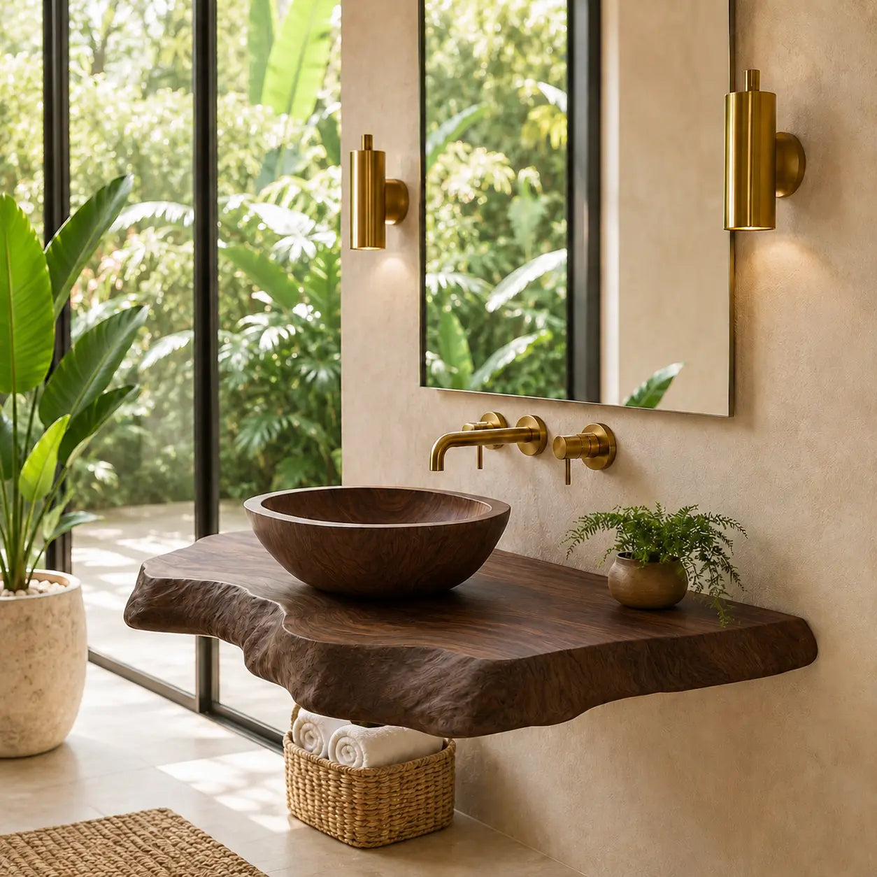 Double Live Edge Floating Vanity Shelf | Solid Wood Honey Bathroom Counter Kitchnce