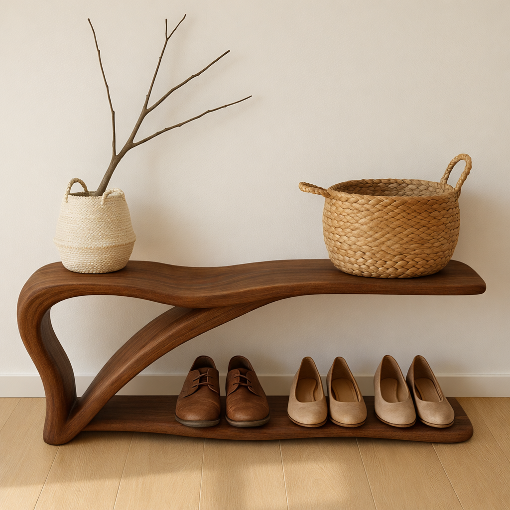 Sculptural Wooden Shoe Storage Bench – Solid Wood Entryway Bench with Shelf Kitchnce