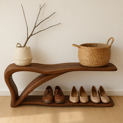 Sculptural Wooden Shoe Storage Bench – Solid Wood Entryway Bench with Shelf Kitchnce