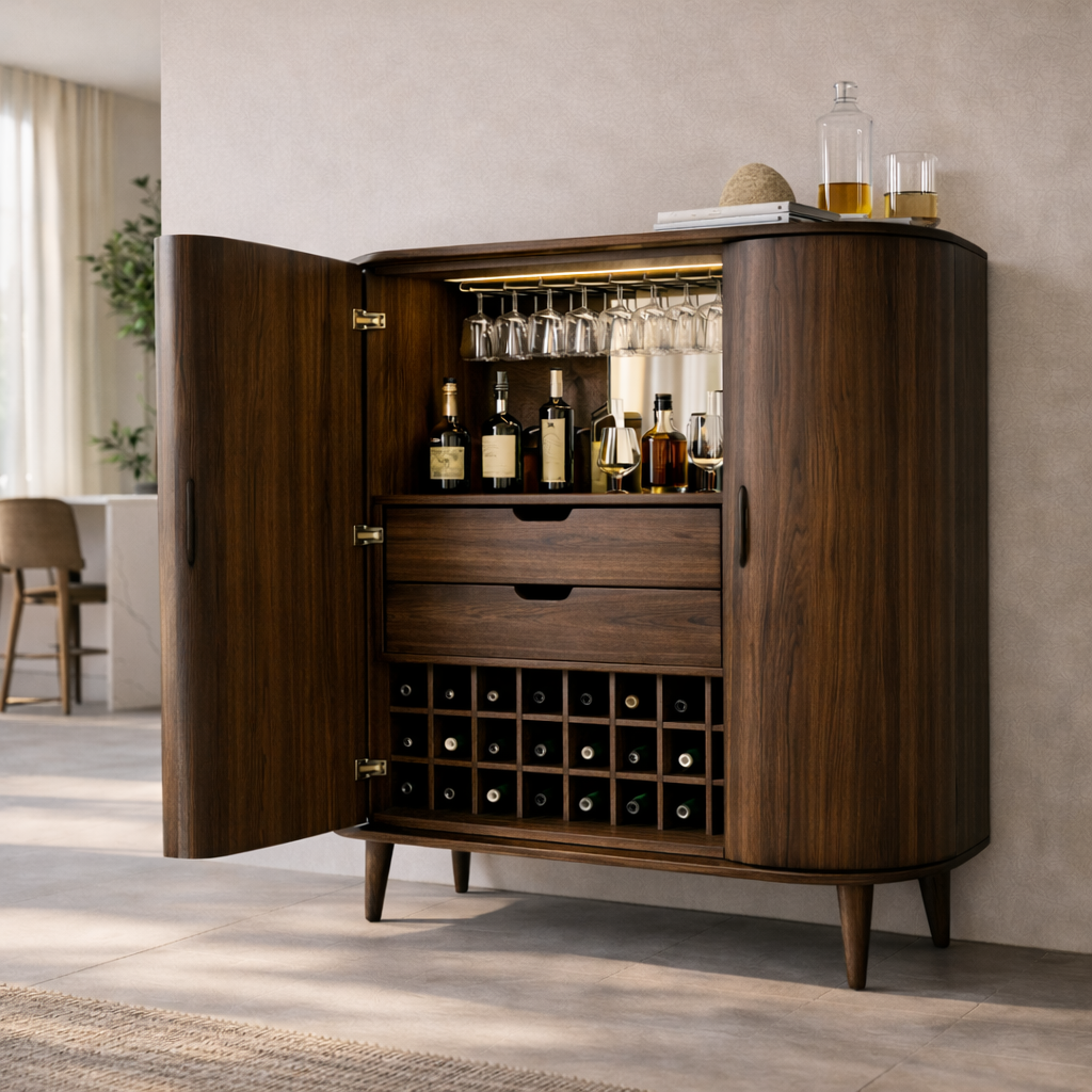 Solid Wood Bar Cabinet with Wine Rack, Glass Holder & Drawers – Modern Home Liquor Storage