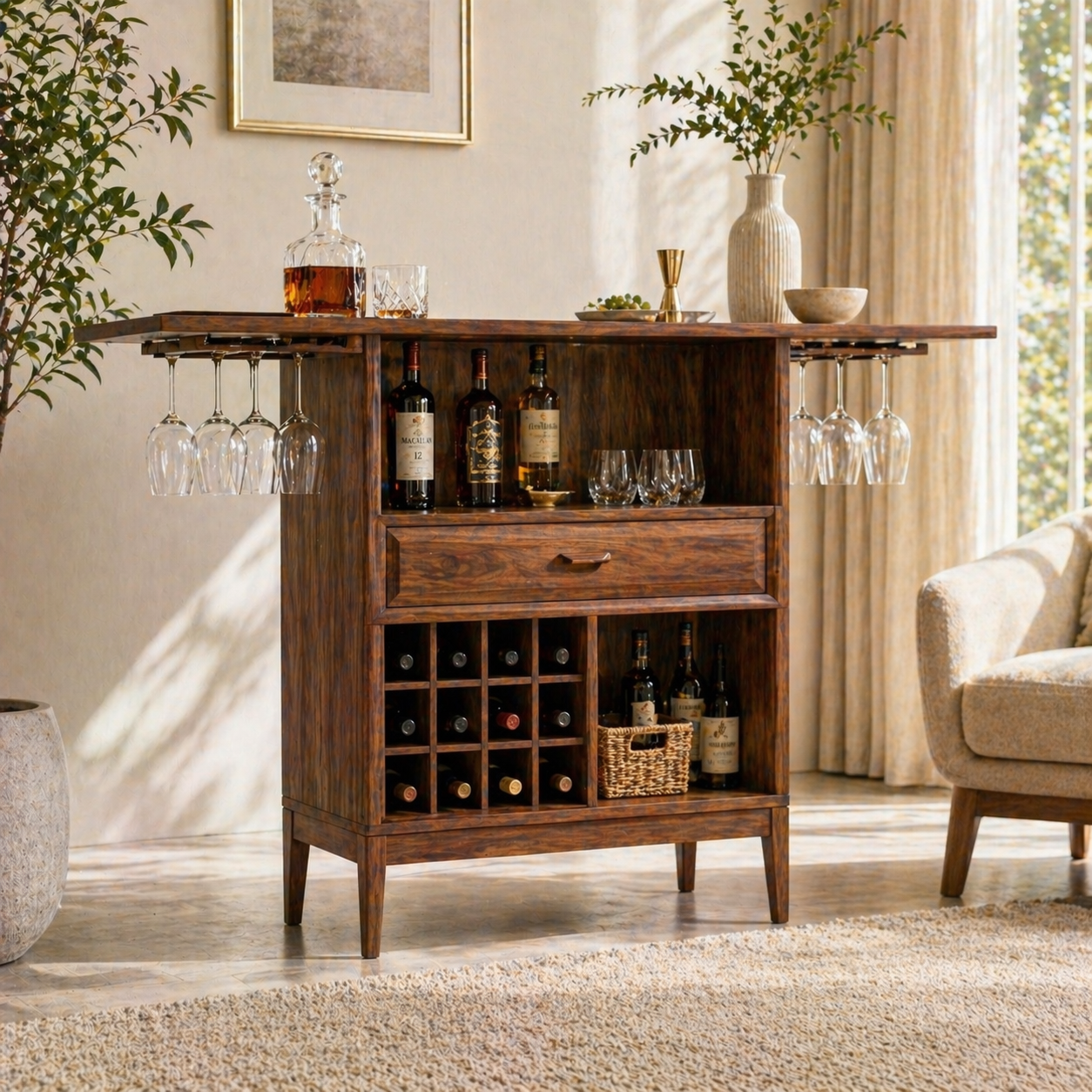 Expandable Bar Cabinet Wine Storage Glass Rack Home Entertaining Display Furniture