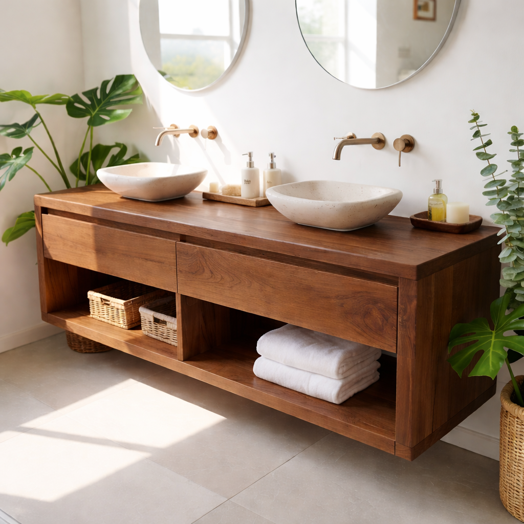Modern Double Sink Floating Vanity with Wooden Design and Open Shelves Kitchnce