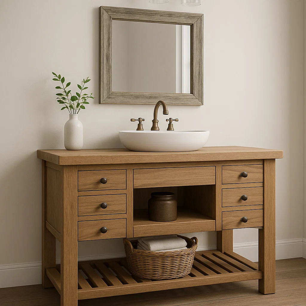 Handcrafted Solid Wood Vanity – Farmhouse Style Bathroom Base with 6 Drawers and Open Shelf Kitchnce