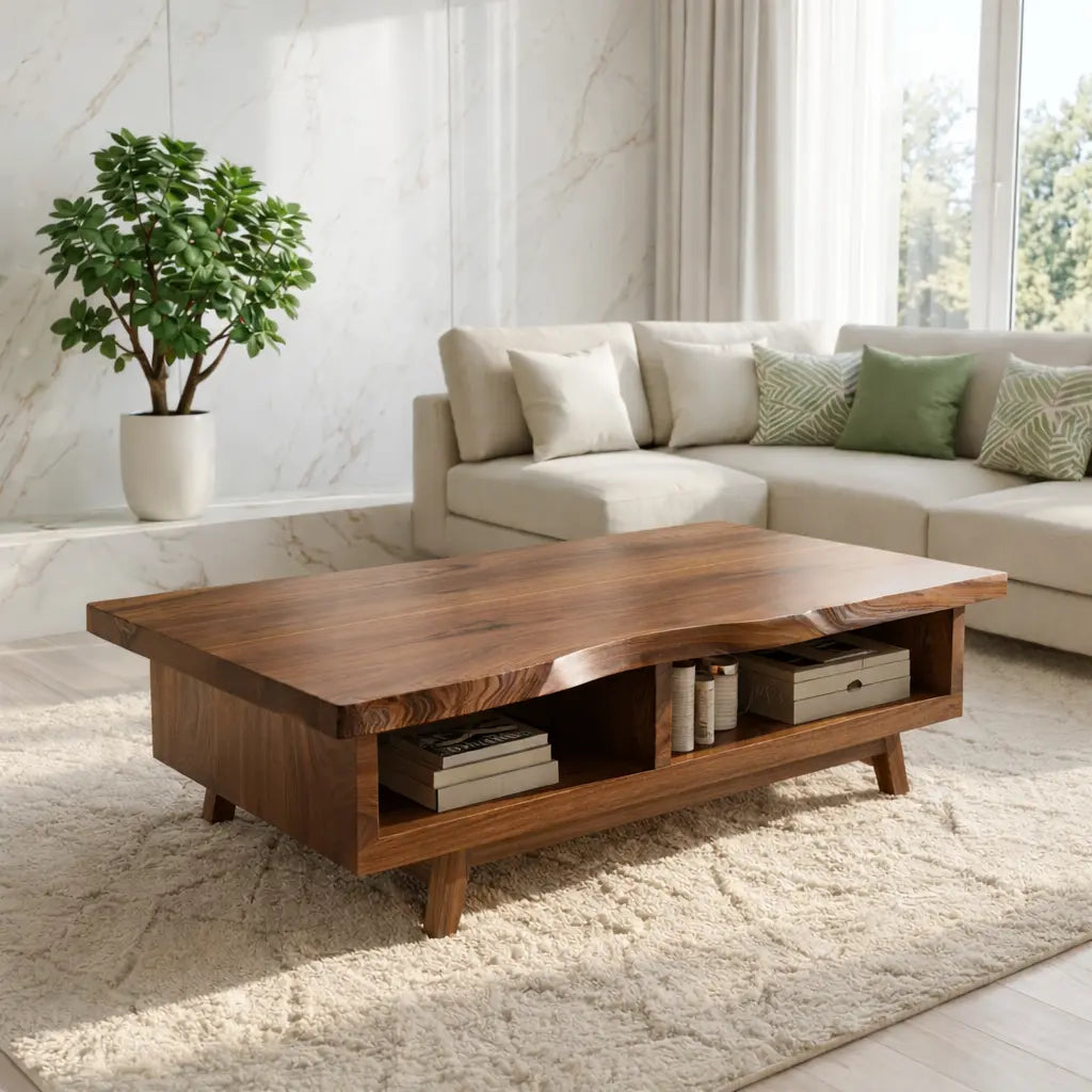 Handcrafted Walnut Coffee Table with Storage, Natural Wood Living Room Furniture Kitchnce