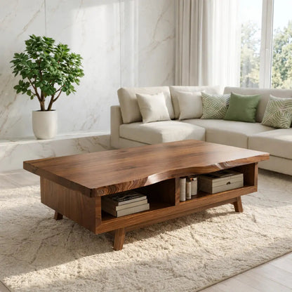 Handcrafted Walnut Coffee Table with Storage, Natural Wood Living Room Furniture Kitchnce